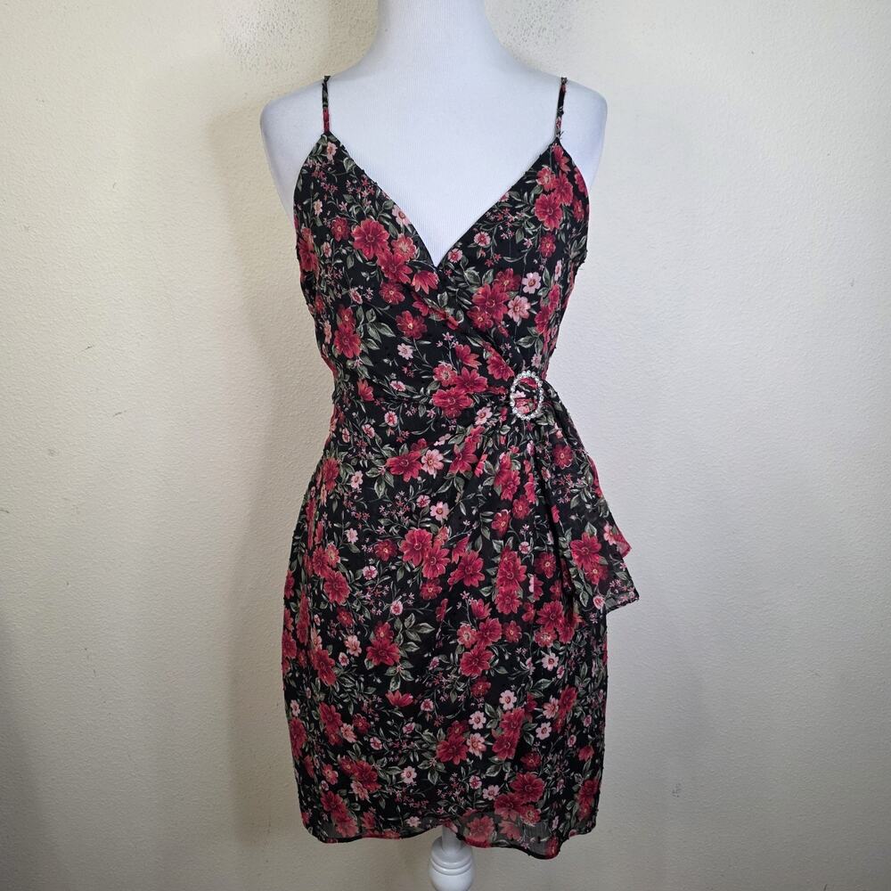 ROW A Women's Red Floral Sleeveless Faux Wrap Short Dress Size Small Rhinestone